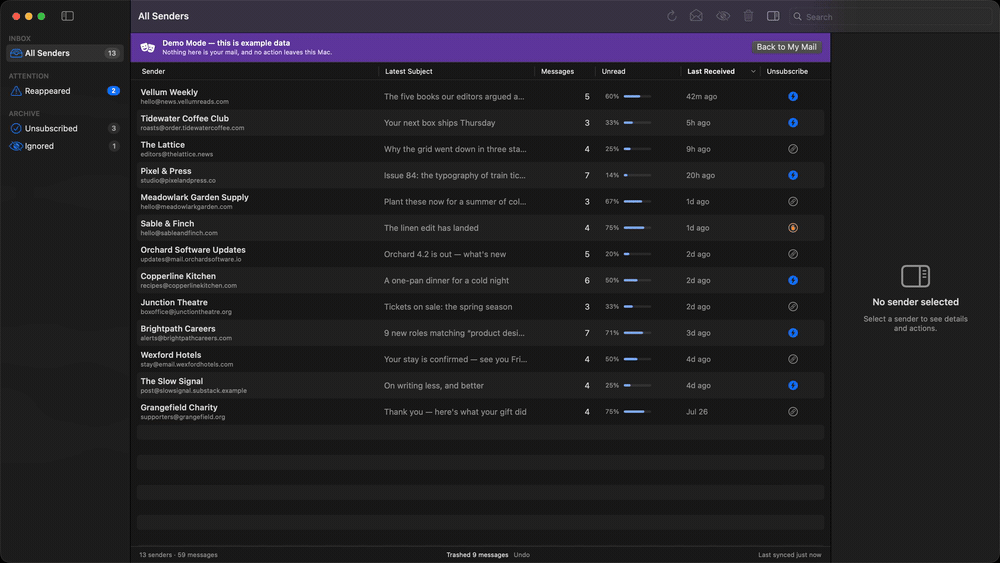 The Reappeared collection listing two senders with counts of new messages received since the unsubscribe.