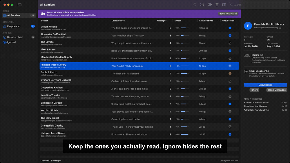 Ignoring a sender so it disappears from the list, then trashing every message from another sender.