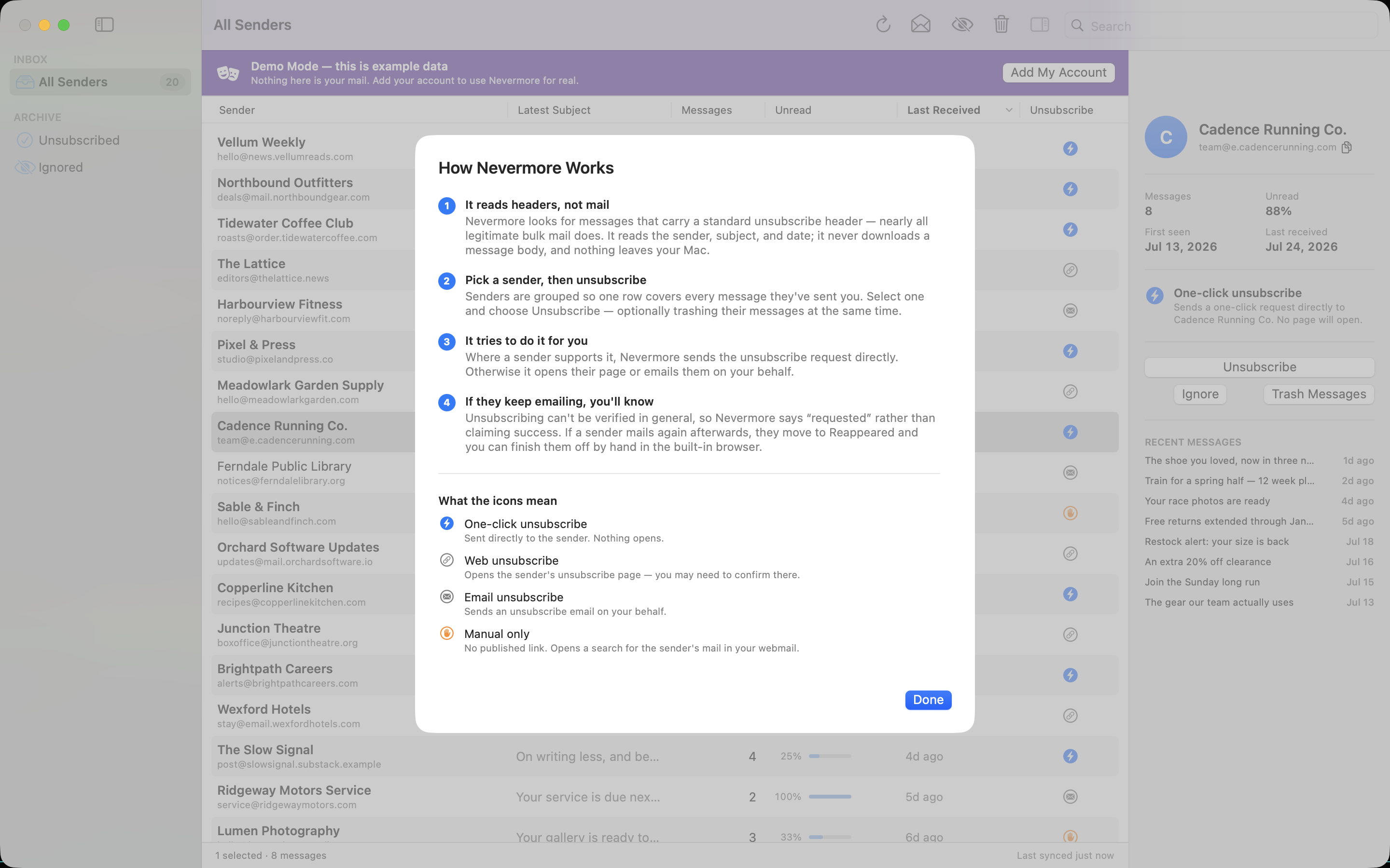 The How Nevermore Works sheet, explaining the four steps and what each unsubscribe-method icon means.