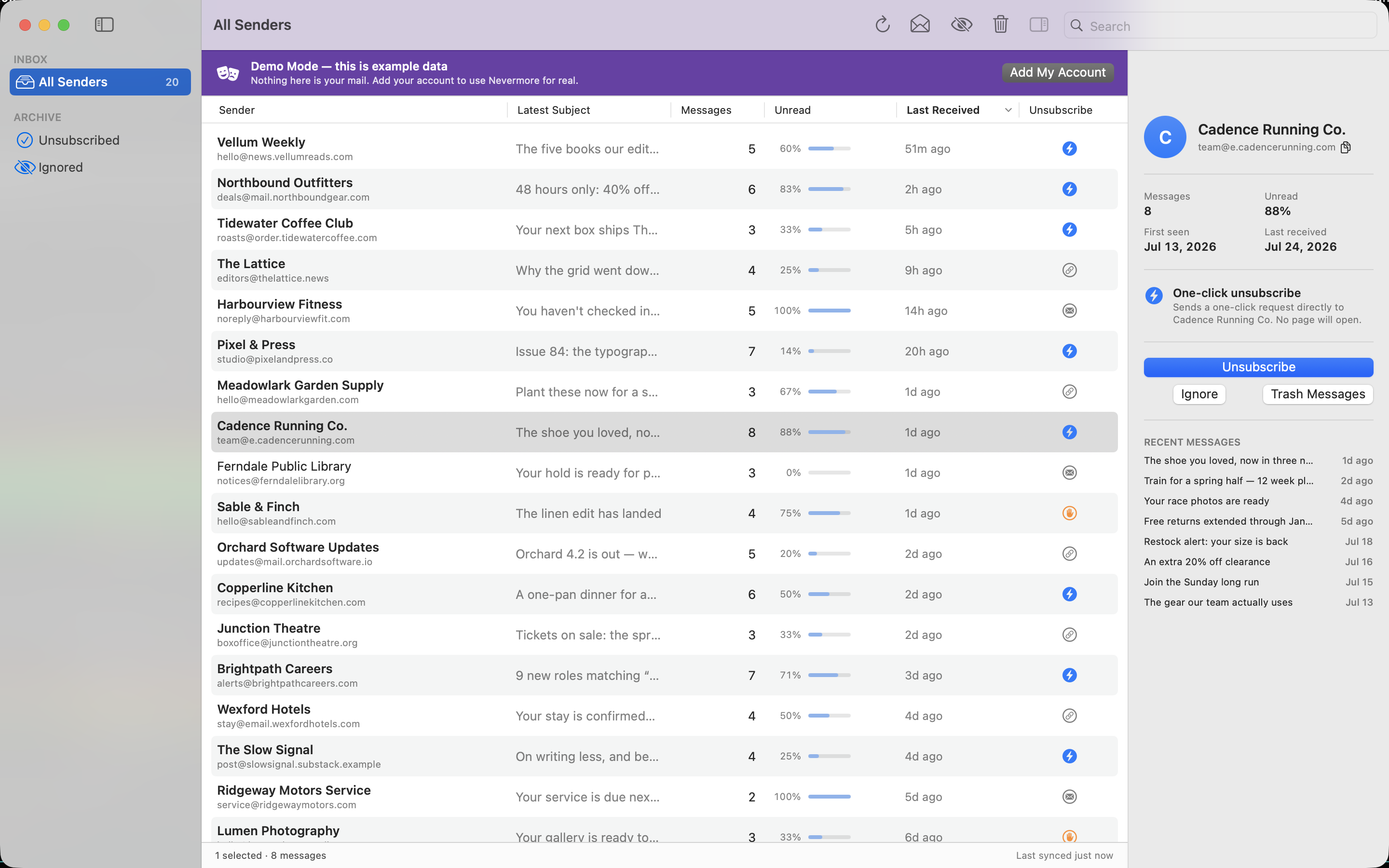 Nevermore's main window: senders grouped by domain, with an inspector showing one sender's unsubscribe method.